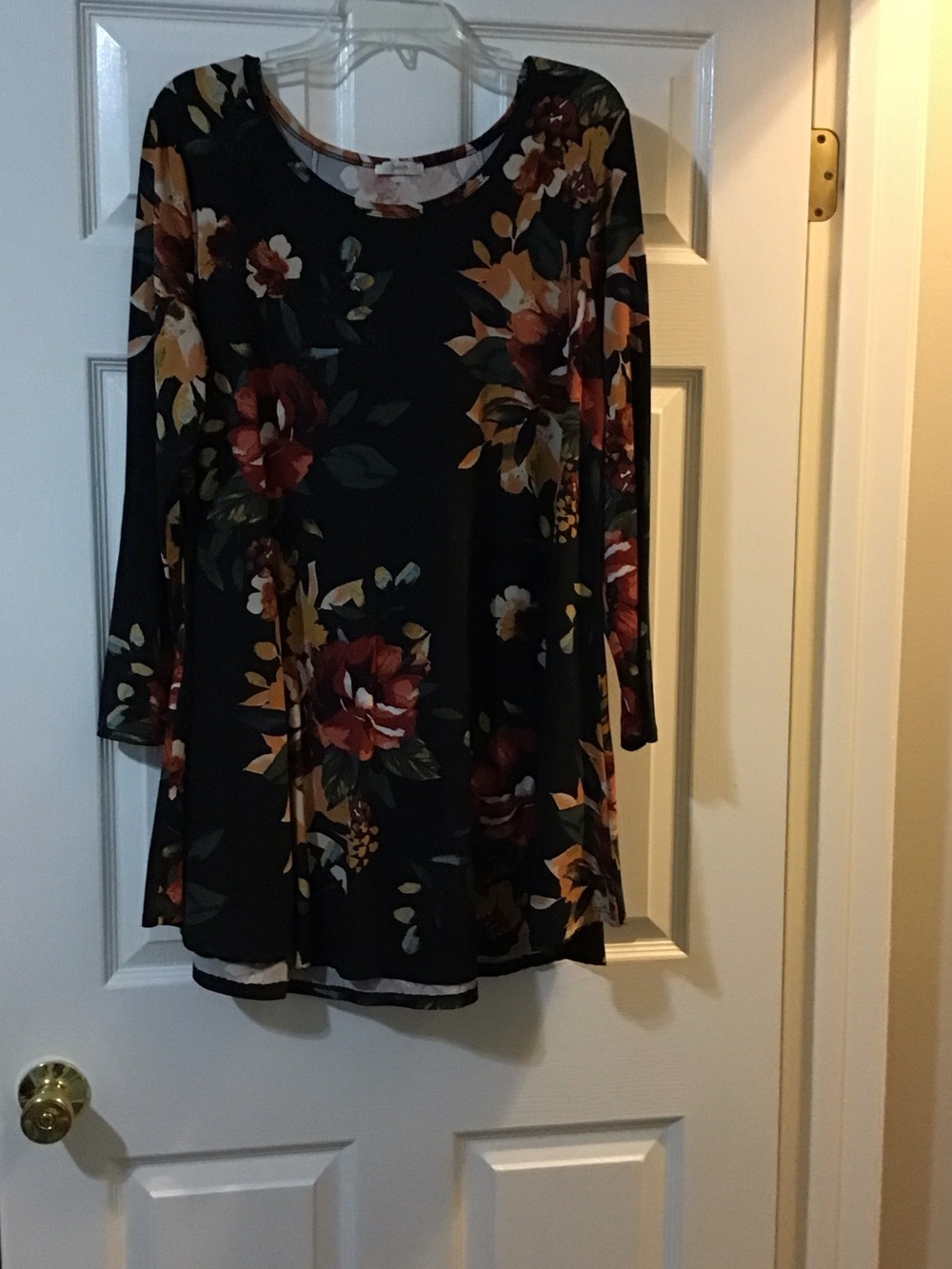 JODIFL Black Floral Long Sleeve Swing Dress with Burgundy and Mustard Flowers - Picture 2 of 4